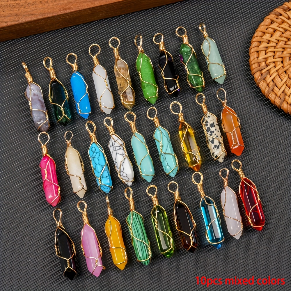 TEMU 10pcs Natural Stone Wrapped Copper Wire Hexagonal Pendants, Chakra -shaped Pendants, For Necklace, Earrings Jewelry Making, Party Holiday Gift