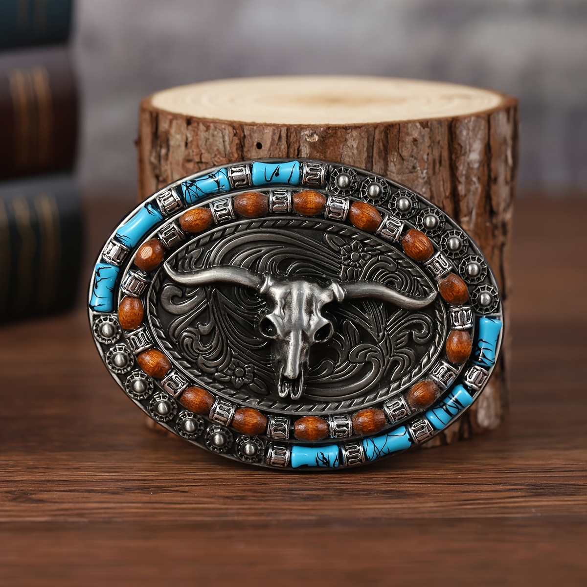 

Vintage Western Cowboy Belt With Bull Skull Design - Alloy Oval Featuring Turquoise And Amber Beads, Rustic Style For Men And Women