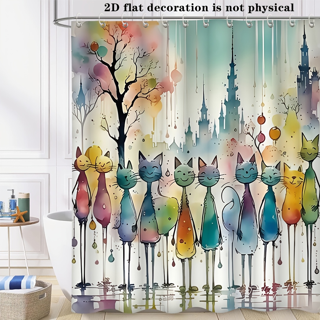 TEMU [abstract Cat Shower Curtain] Modern Abstract Cat Bathroom Shower Curtain | Colorful Watercolor Painting Style Decorative Hanging Curtain With