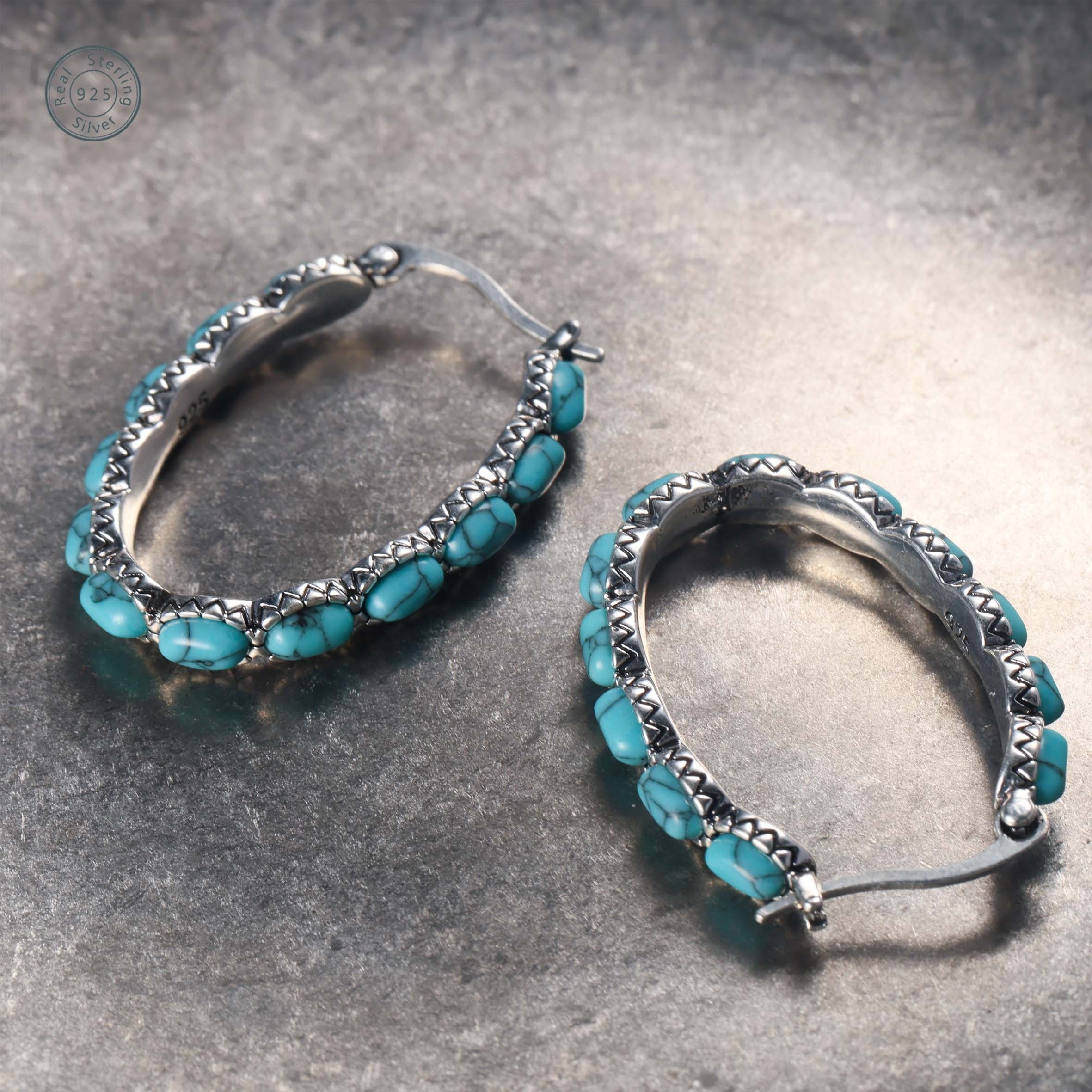 

925 Silver, Turquoise Hoop Earrings, Stylish And Personalized Earrings , Valentine's Day, Anniversaries, Birthdays And Graduations, With A Box