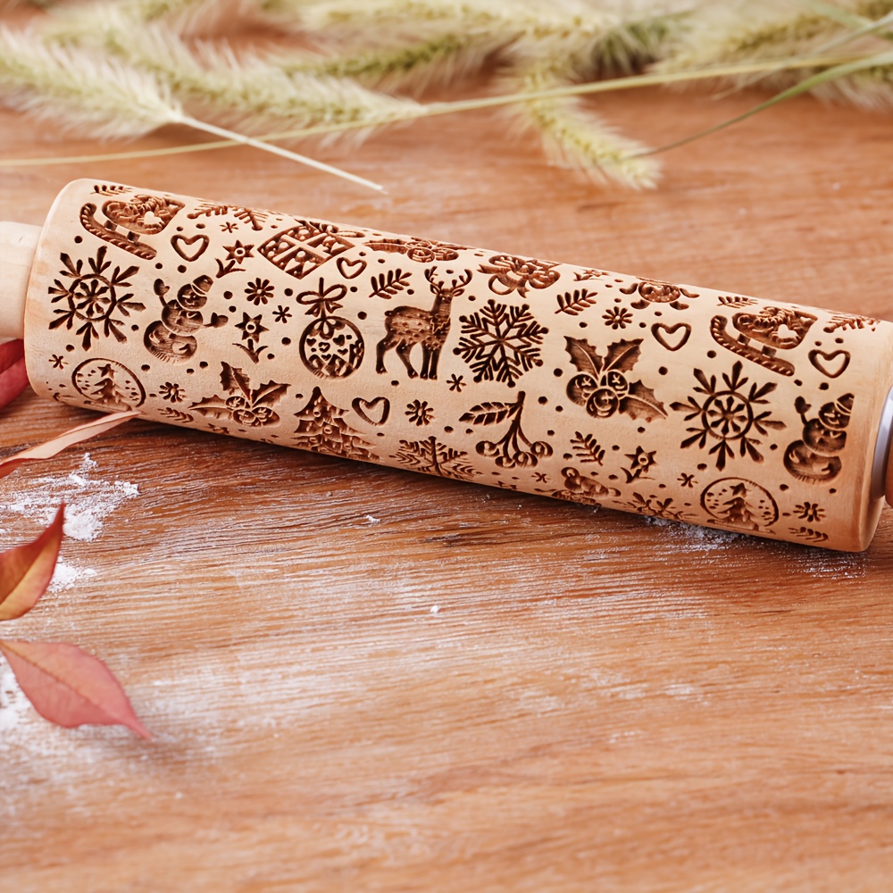 TEMU 1pc Christmas Embossing Rolling Pin With Snowflake, Reindeer, Sleigh, Snowman, Christmas Stocking, Candy Cane, And Bell Patterns, Suitable For