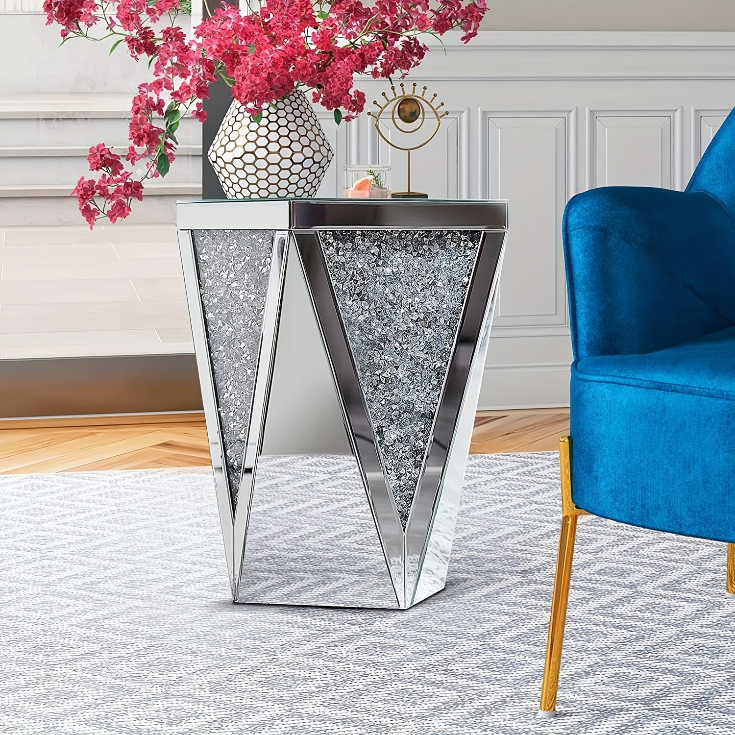 22-inch Tall Silvery Mirrored Coffee Table, Crystal-inlaid Side Tabledecorative Table, Small Mirrored Coffee Table For Living Room, Bedroom, Or Corner Spaces