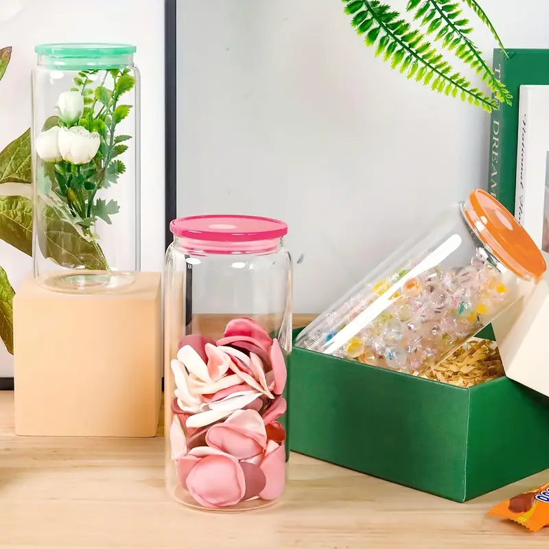 20 oz glass cups with acrylic lids and straws 16 pcs can shaped glass iced coffee cups with lids drinking jar glasses cute tumbler cup great for smoothie soda boba tea cocktail beer gift Product details 9