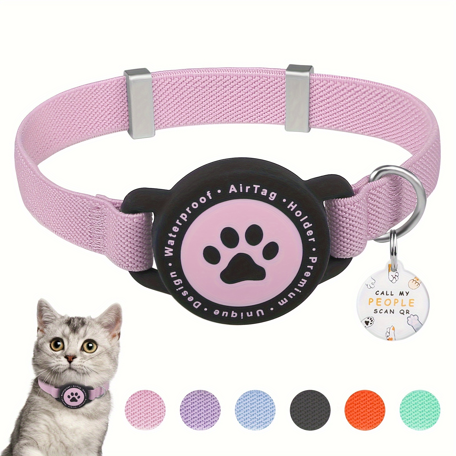 TEMU Collier pour chat et tendance avec support pour Air Tag, complet avec une étiquette QR ID et deux clochettes. Léger, extensible et confortable,