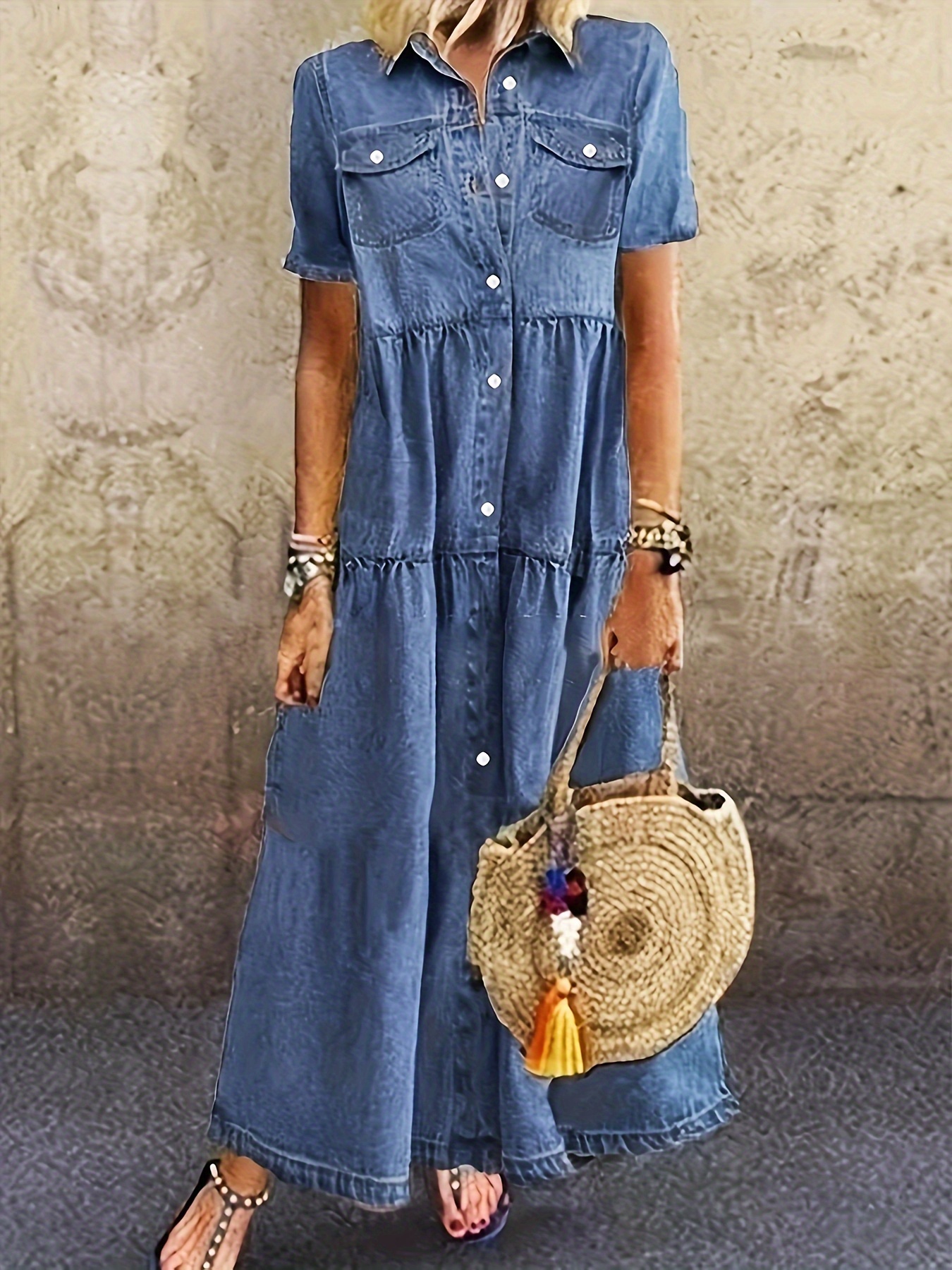item picture womens solid color single breasted denim dress washed denim dress     wear button detail   versatile outfit  