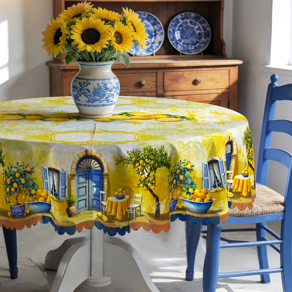 Image of Mediterranean Lemon Town Tablecloth Italian Style Archway Lemon Tree Print Wave Lace Dining Tablecloth