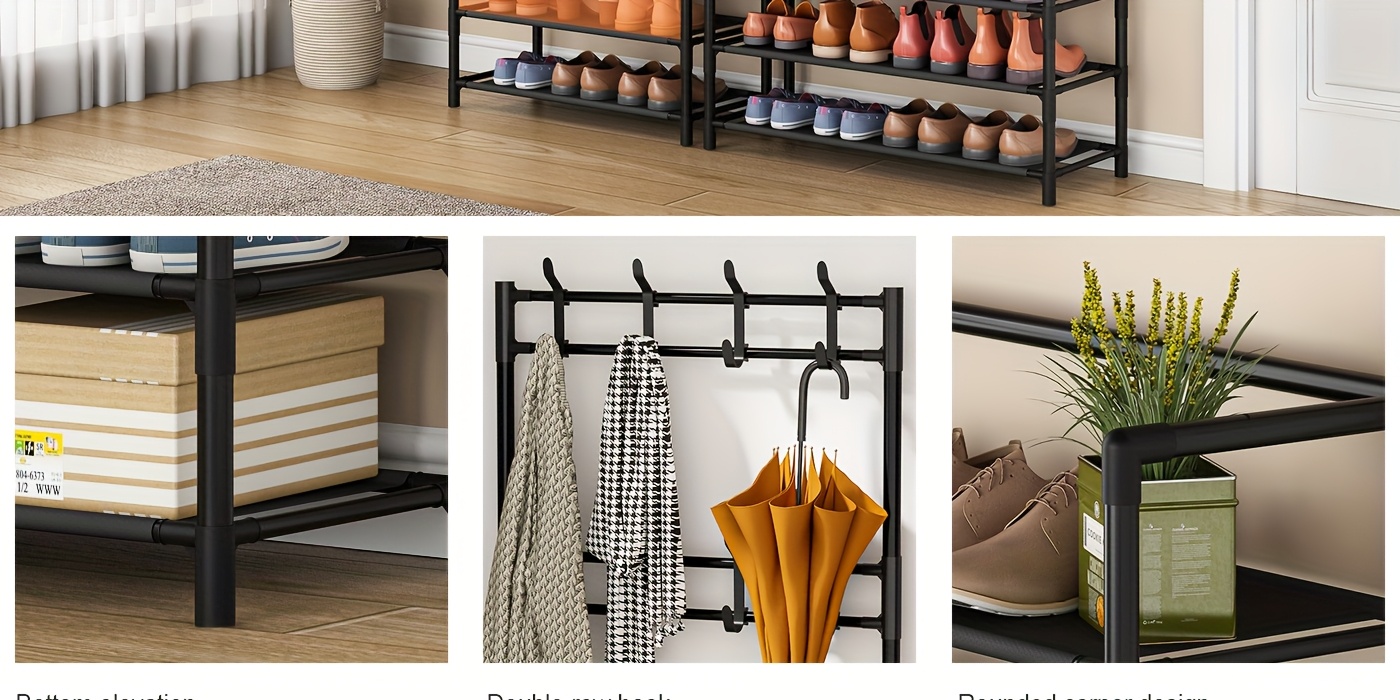 4-5 Tier Hallway Organizer with 8 Hooks - Space-Saving, Easy to Assemble, Durable Design for Entryways And Bedrooms, Minimalist Style - Black/White, Perfect for Entryway Storage, Freestanding Shoe Rack