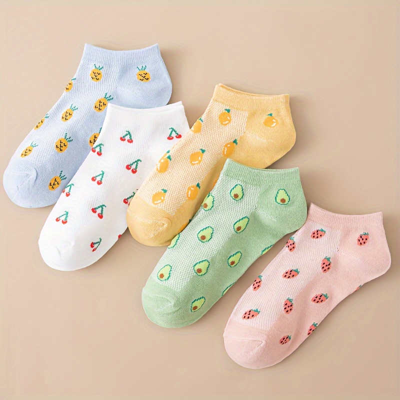 TEMU 5 Paar Damen Knöchelsocken mit Obst- & Gemüse-Motiven - Weiche, Atmungsaktive Kurzsocken mit Kiwi-, Avocado-, Erdbeer-, Ananas- &