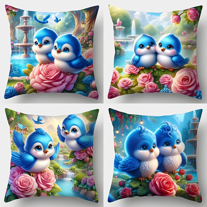 

4-pack Blue Plush Bird Pillow Covers, 17.7"x17.7" Single-sided Print, Contemporary Style, Hand Wash Only, Zipper Closure, Woven Polyester, Decorative Sofa Lumbar Covers For Living Room