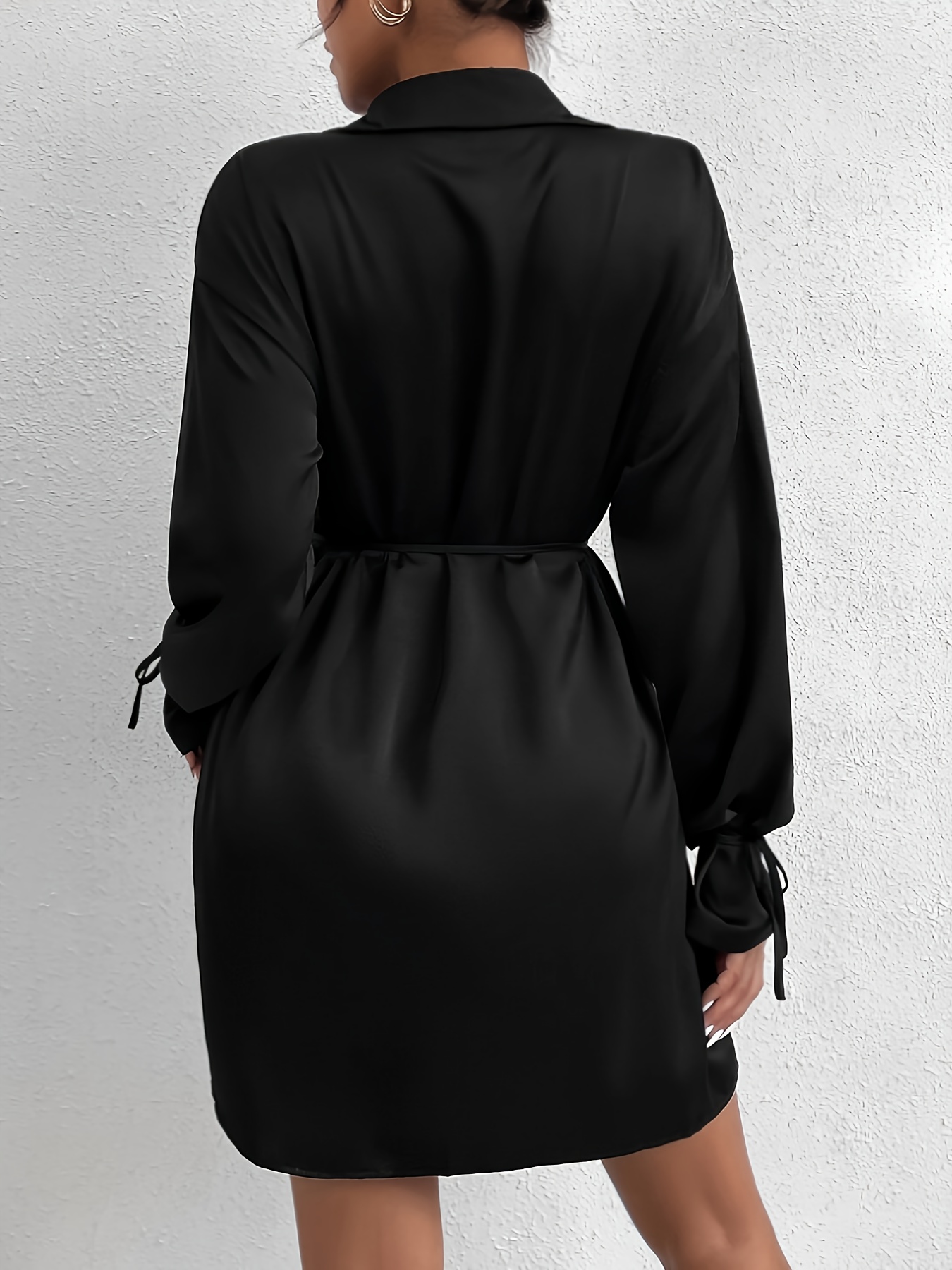 solid button front belted dress elegant long sleeve lapel collar dress womens clothing