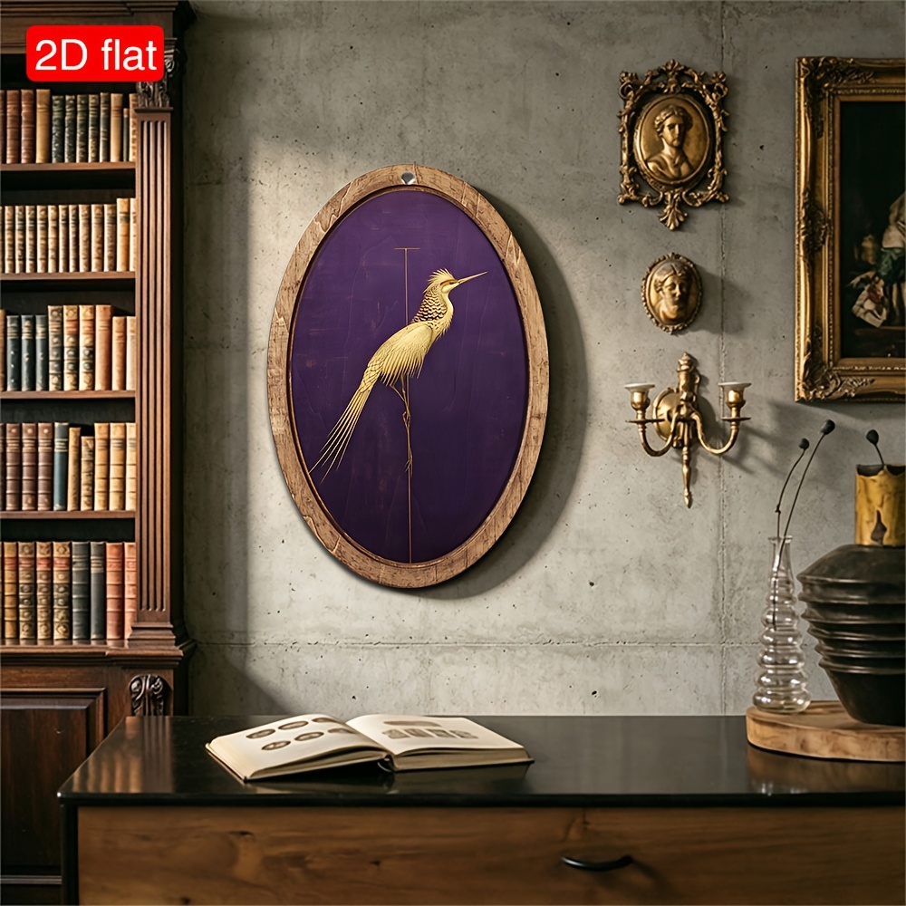 TEMU Impression en bois plate 2D, 1 pièce, décor rétro ovale avec fond violet et héron doré, cadre en bois vieilli, style national , motif d'art fin