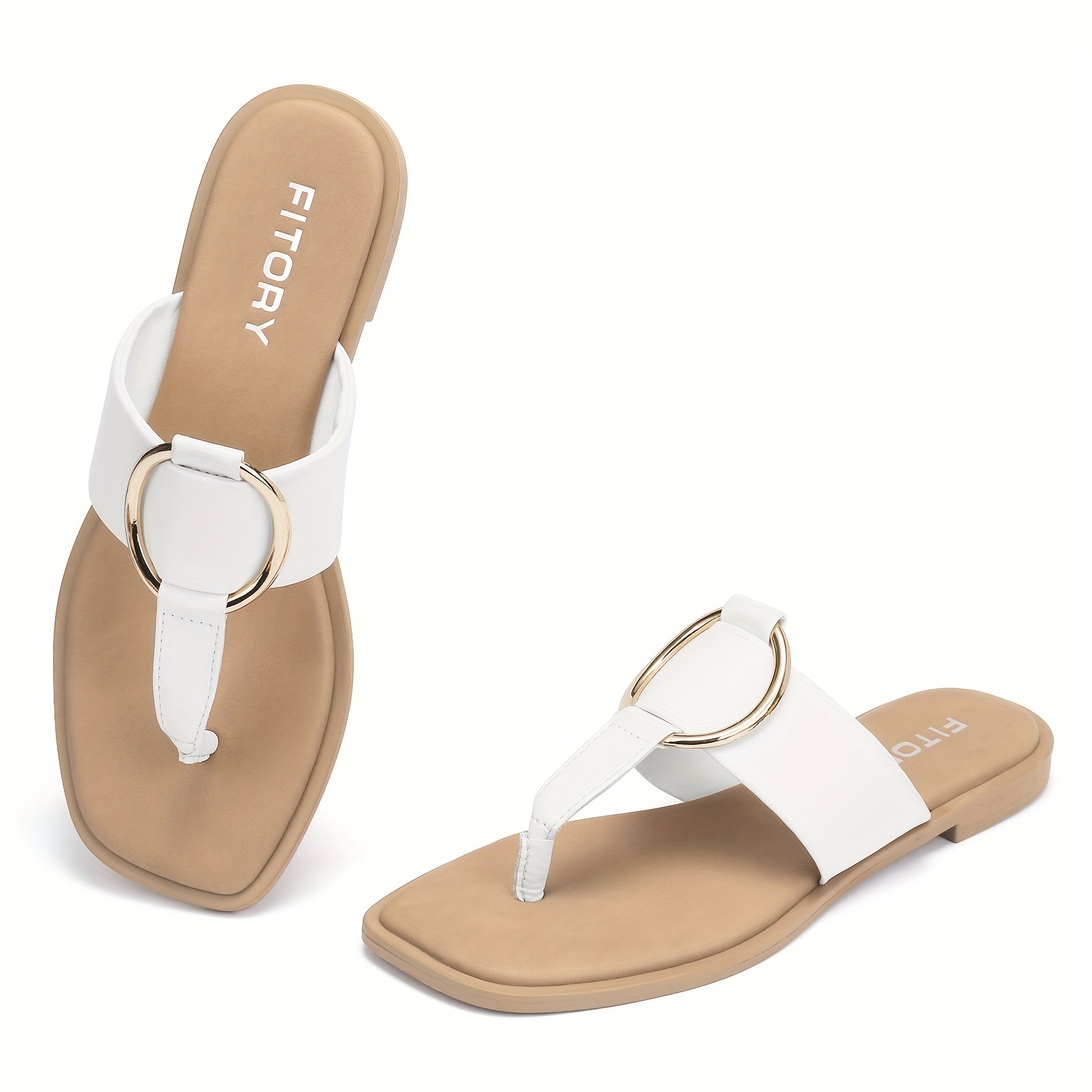 

Women's Thong Flip Flop Sandals, Fashion Golden Ring Decor Square Open Toe Summer Flat Slide Shoes