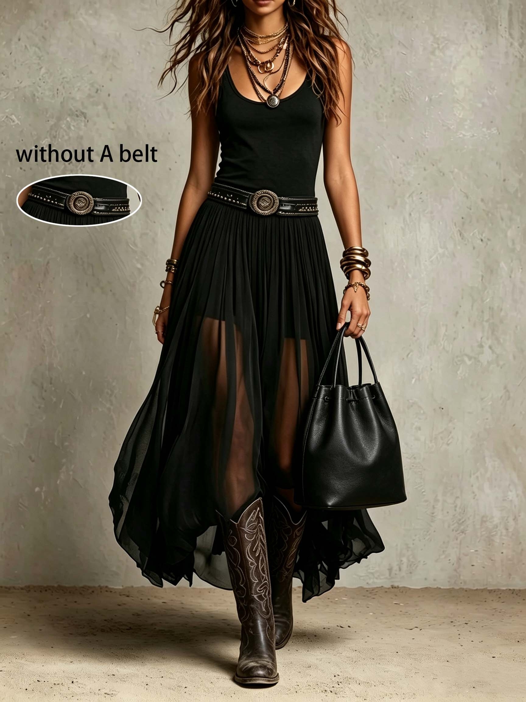 Artikelbild schwarzer bohemian western style mesh halbrock high waist unregelmäßig ausgestelltes langes kleid [ ]