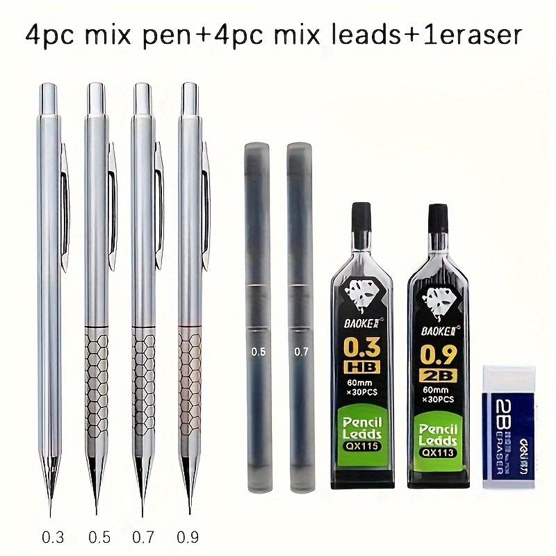 

9pcs/set High Quality Metal Mechanical Pencil 0.3/0.5/0.7/0.9mm Drawing Automatic Pencil With Leads Set Office Stationery