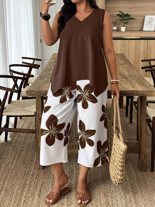 plus size plus size 2pcs sleeveless casual floral print holiday set