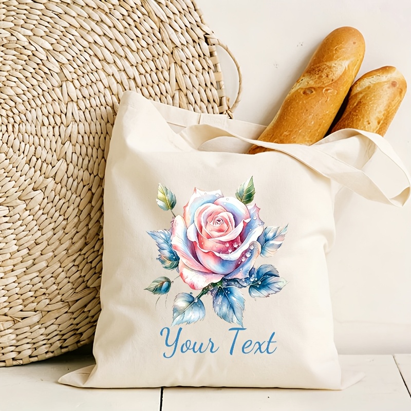 Personalized Custom Text Watercolor Rose Tote Bag, Large Capacity