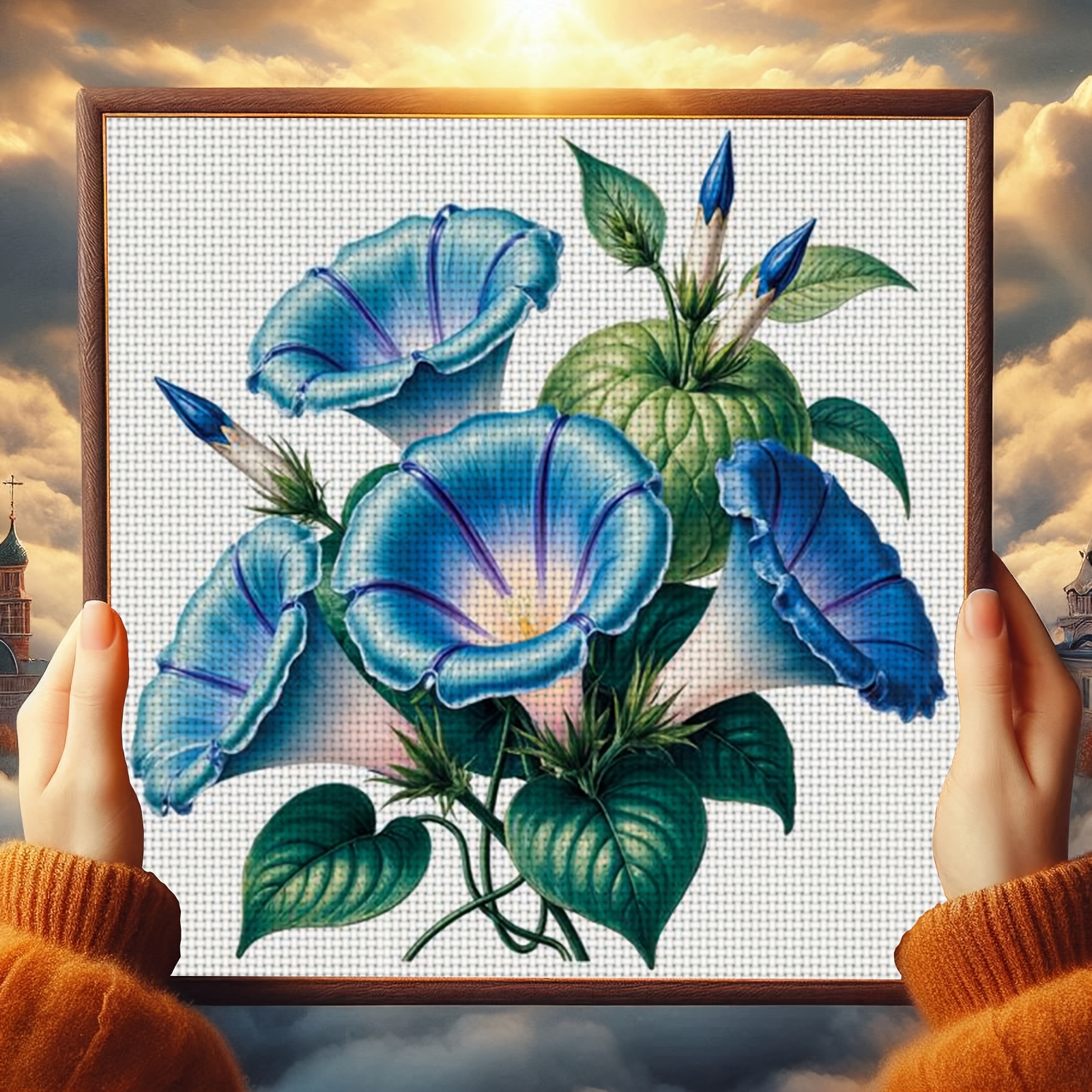 DIY Cross-Stitch Printed Kit, Blue Flowers and Green Leaves Floral Pattern