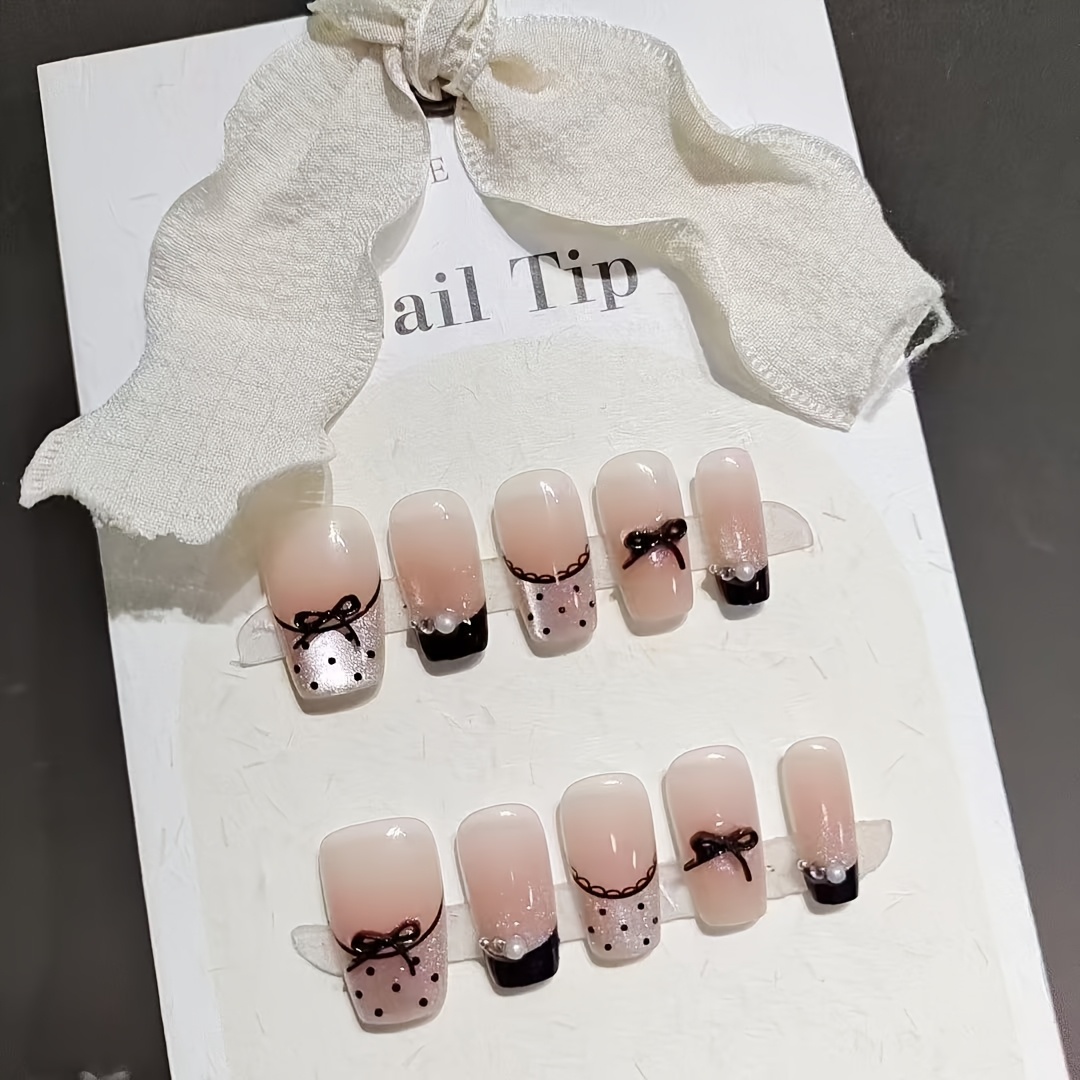 TEMU Dark 10pcs Black Lace Bow Short Ladder Pure Handmade Wearable Nail Polka Dot Bow Fade Blush White Temperament Sweet Cool Trendy False Nails Hot
