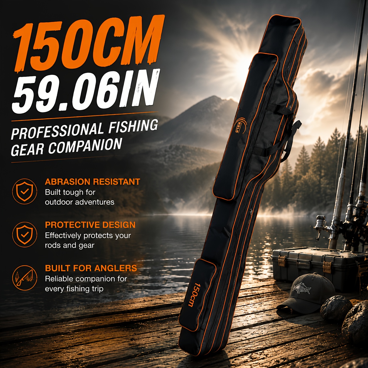 TEMU Mbln 150cm Extra-long Fishing Rod Bag, Large Capacity Multi-compartment Tackle Storage Case With 3 Separate Compartments And External Pockets,
