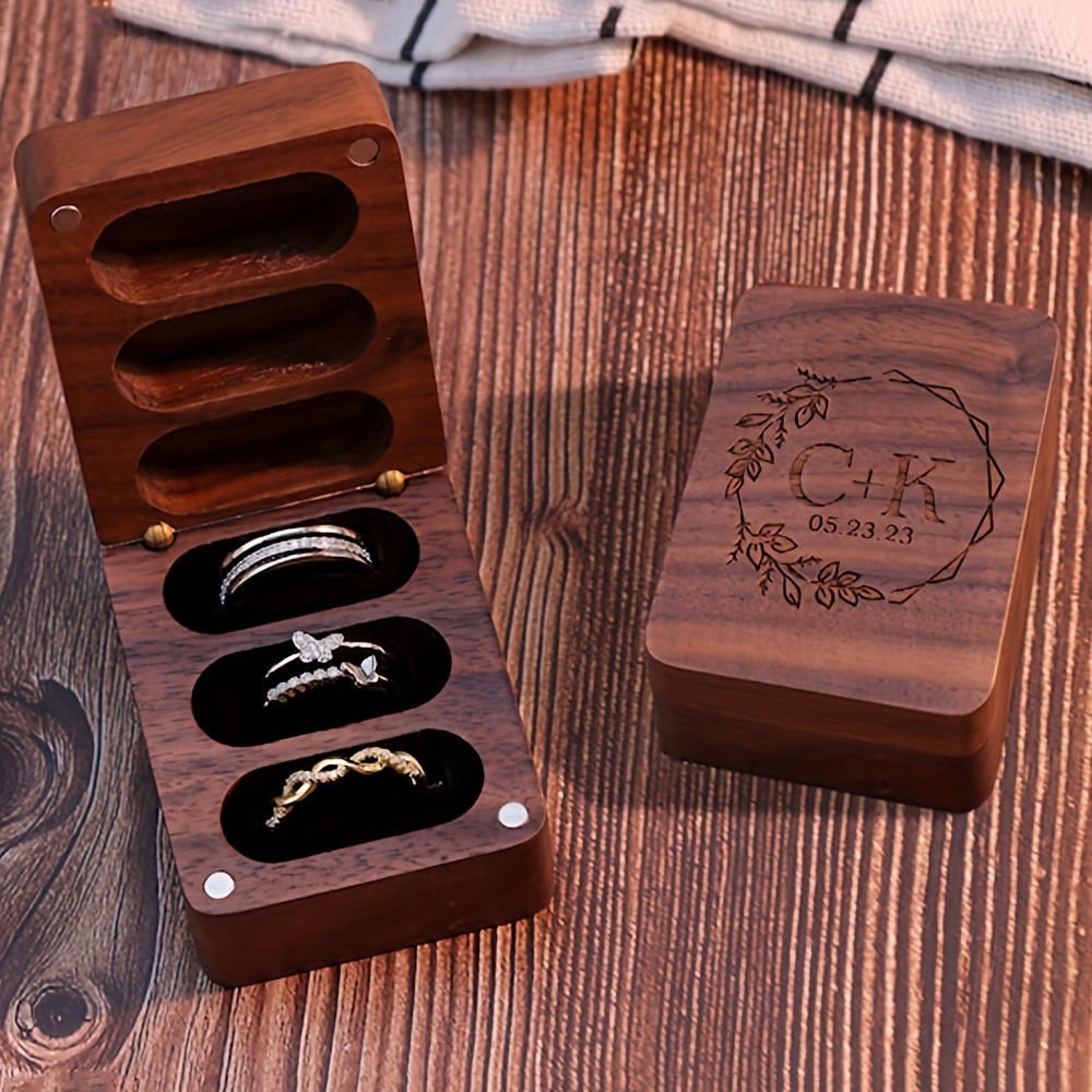 

Custom Engraved Wooden Ring Box With Magnetic Closure, Classic Style 3-slot Personalized Name Jewelry Case For Rings, Watches, And Accessories - Ideal Anniversary Gift