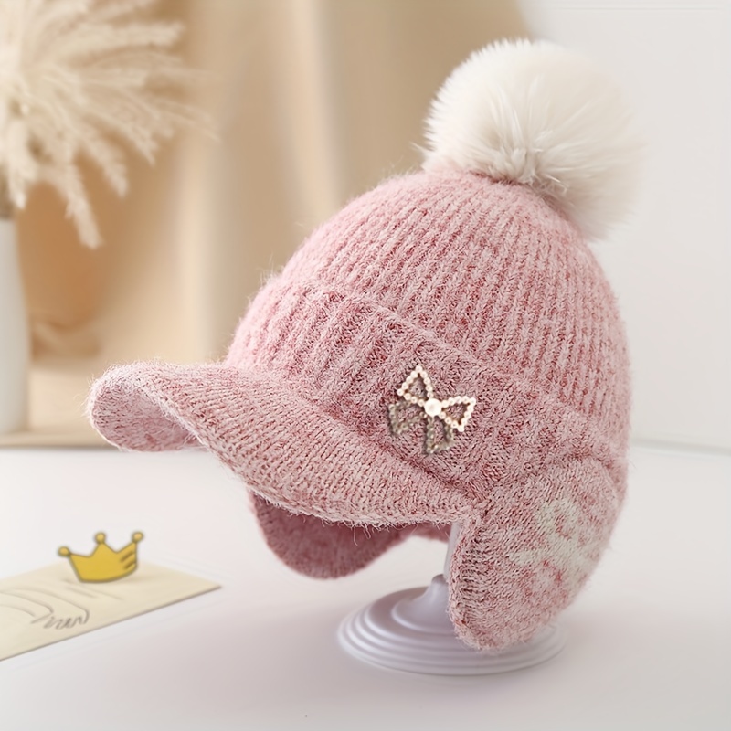 

Festive Winter Knit Cap With Pom Pom And Butterfly Embroidery For Girls, Suitable For Daily And Snowy Adventures - 3-6 Years Old