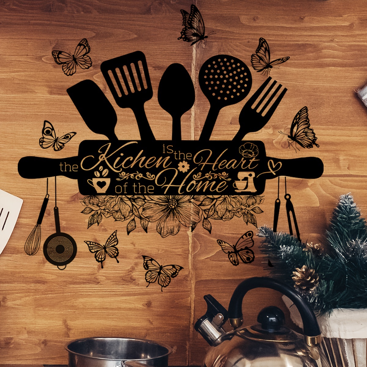 

1pc Rustic Wooden Utensils Butterflies 3d Wall Decal, "the Kitchen Is The Heart Of The Home" Festive Sign, 15.74inch X 11.81inch, Removable Self-adhesive Holiday Wall Decor For Farmhouse & Home