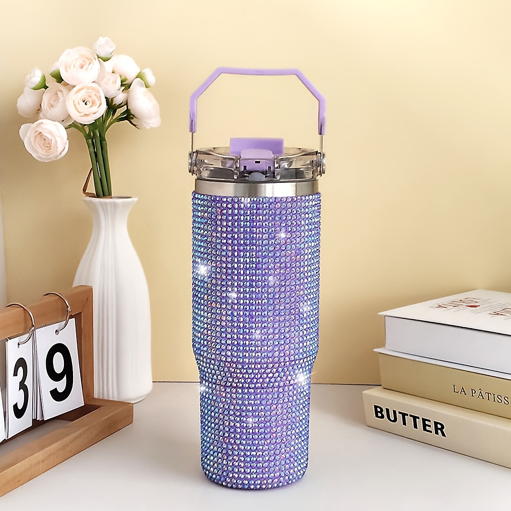 TEMU 1pc 30oz Hand-held Double-drink Lid Stainless Cup, Straw Cup With Water Diamond Decoration, Insulation Cold Outdoor Sports Portable Coffee Cup Very Suitable For Cars.home.travel.festival Gifts