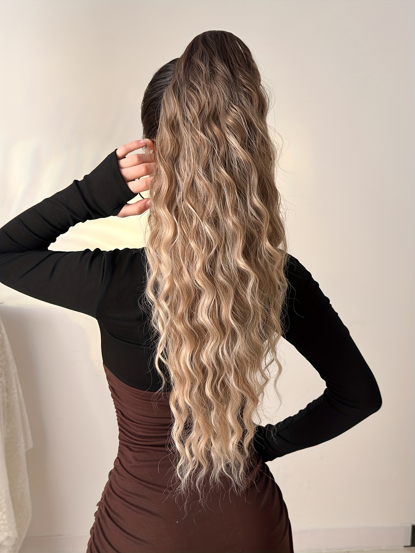 drawstring ponytail extension hair 28 inch ombre long water wave heat resistant fiber synthetic ponytail hairpiece for women daily used details 0