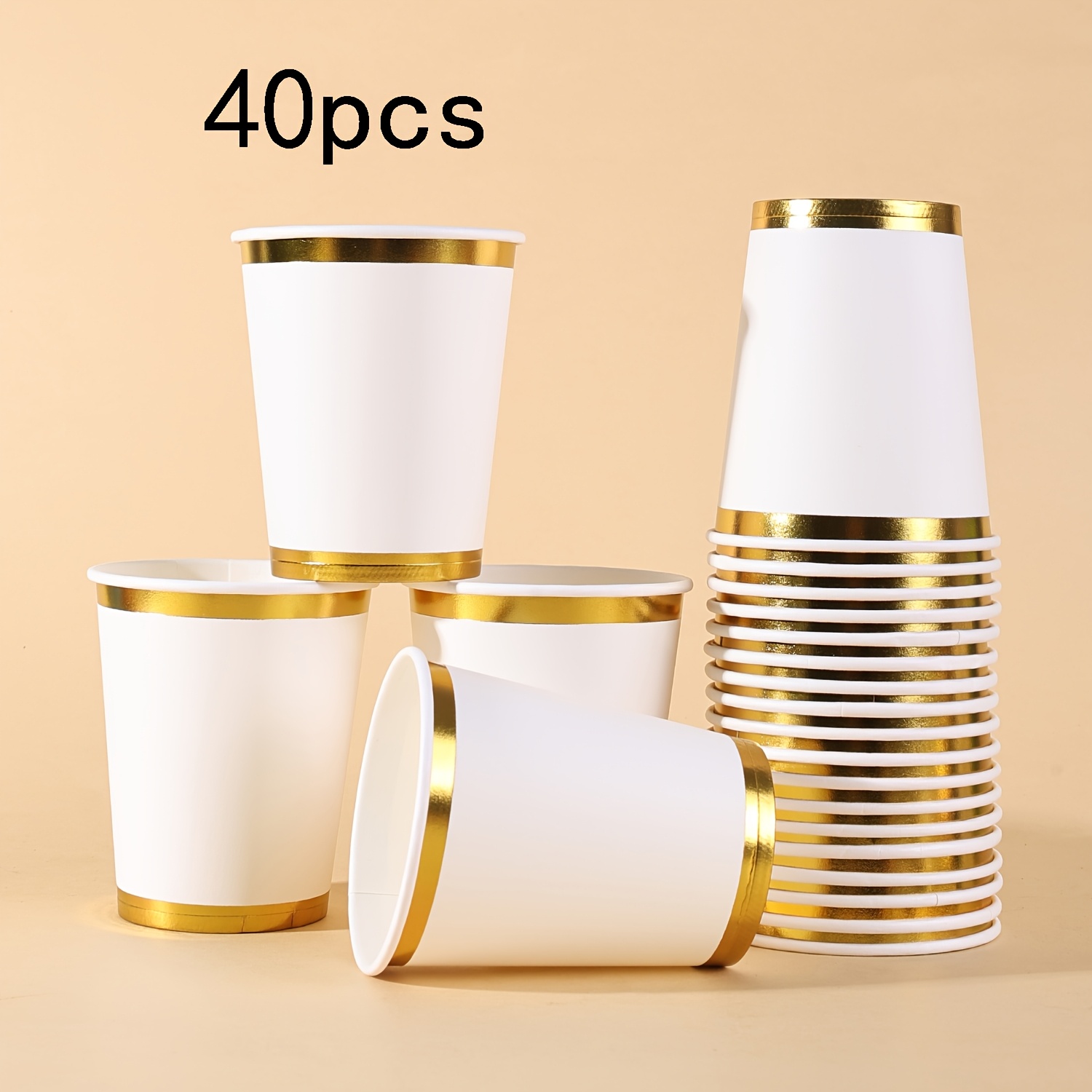 TEMU Pack Of 40/60, Elegant White Disposable Cups With Shiny Golden Edging - 9 Oz Disposable Cups, Leakproof And Durable, Ideal For Birthday Pies,