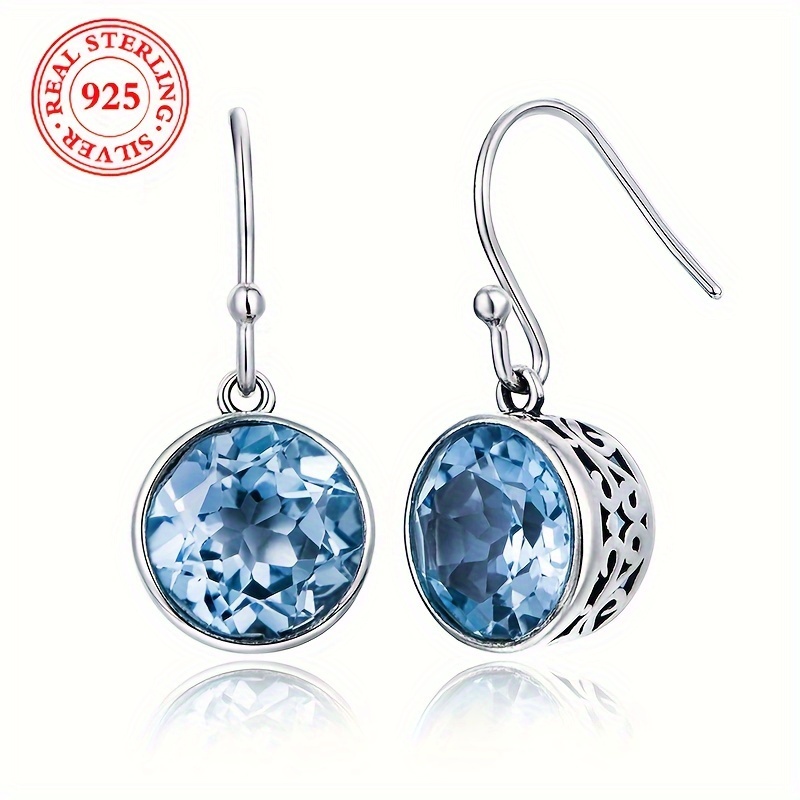 

S925 Sterling Silver Blue Crystal Round Dangle Earrings, Vintage & Elegant Style, Versatile Accessory Gifts For Women