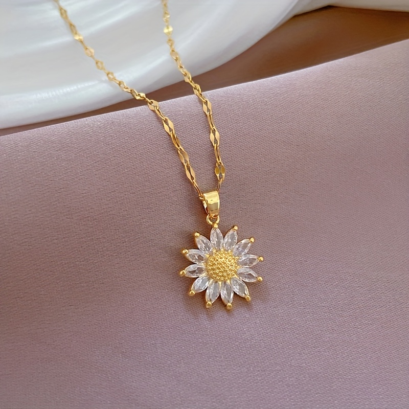 E-shop 1 Stück Edelstahl Leichter Luxus Synthetischer Zirkonia Sonnenblumen-Anhänger Halskette, Ideal für Damen , Schlüsselbein-Ketten Schmuck Geschenk