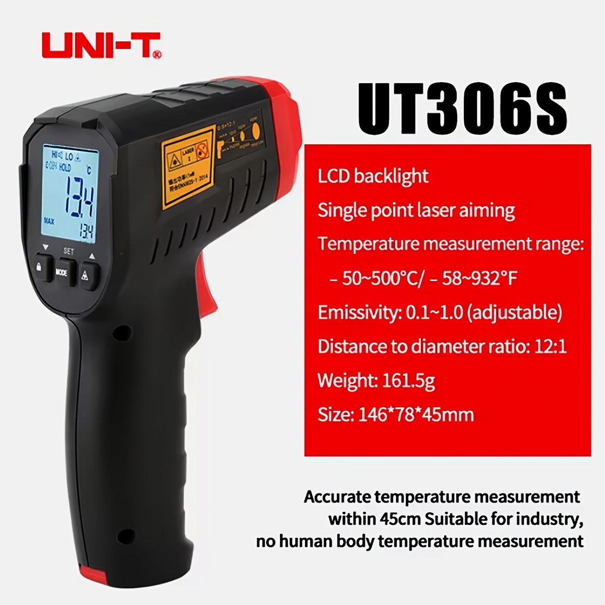1pc Professional Infrared Thermometer Gun with Digital LCD Display, High Accuracy, Non-Contact Temperature Measurement for Home Health and Industrial Use, Plastic, Single Use, Requires 2 AAA Batteries (Not Included), Fast Response, Low Laser Power (0.4mW-1mW) - UT306C/UT306S Models
