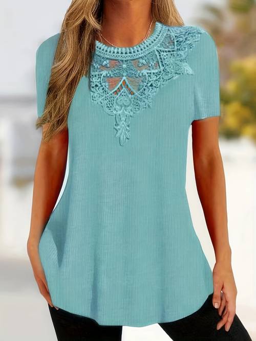 womens elegant summer lace trim pullover gray short sleeve shirt with intricate lace detail medium stretch fabric machine washable casual blouse for casual attire lace blouse warm weather outfit feminine style quality stitching stylish women breathable material fashion women
