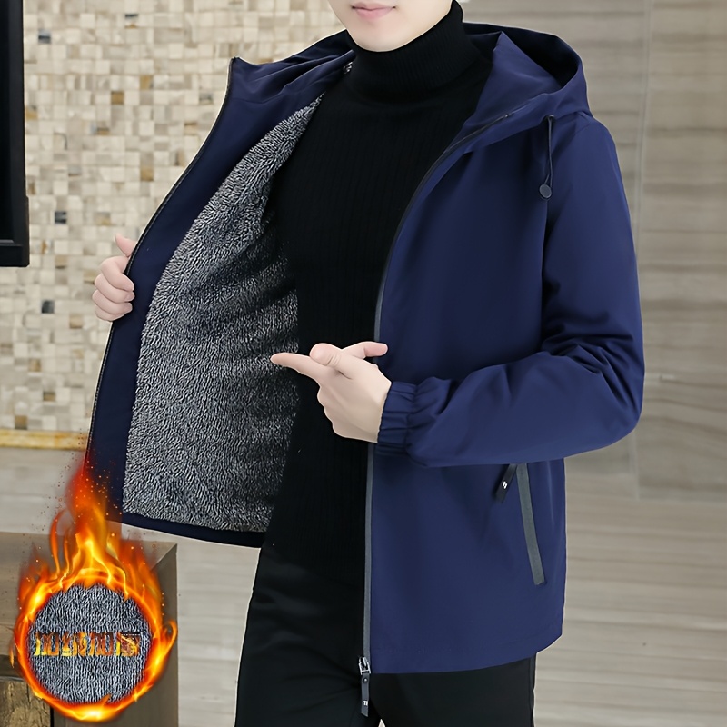 Chaqueta de polar para hombre, abrigo con cremallera resistente al viento para otoño, chaqueta con capucha casual, cálida y moderna, color sólido