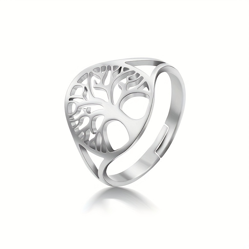 E-shop 1 Stück Herren Edelstahl Baum des Lebens Offener Ring Mode Charm Hohler Baum des Lebens Kreuz Hochzeitsring Geburtstagsgeschenk Paargeschenk