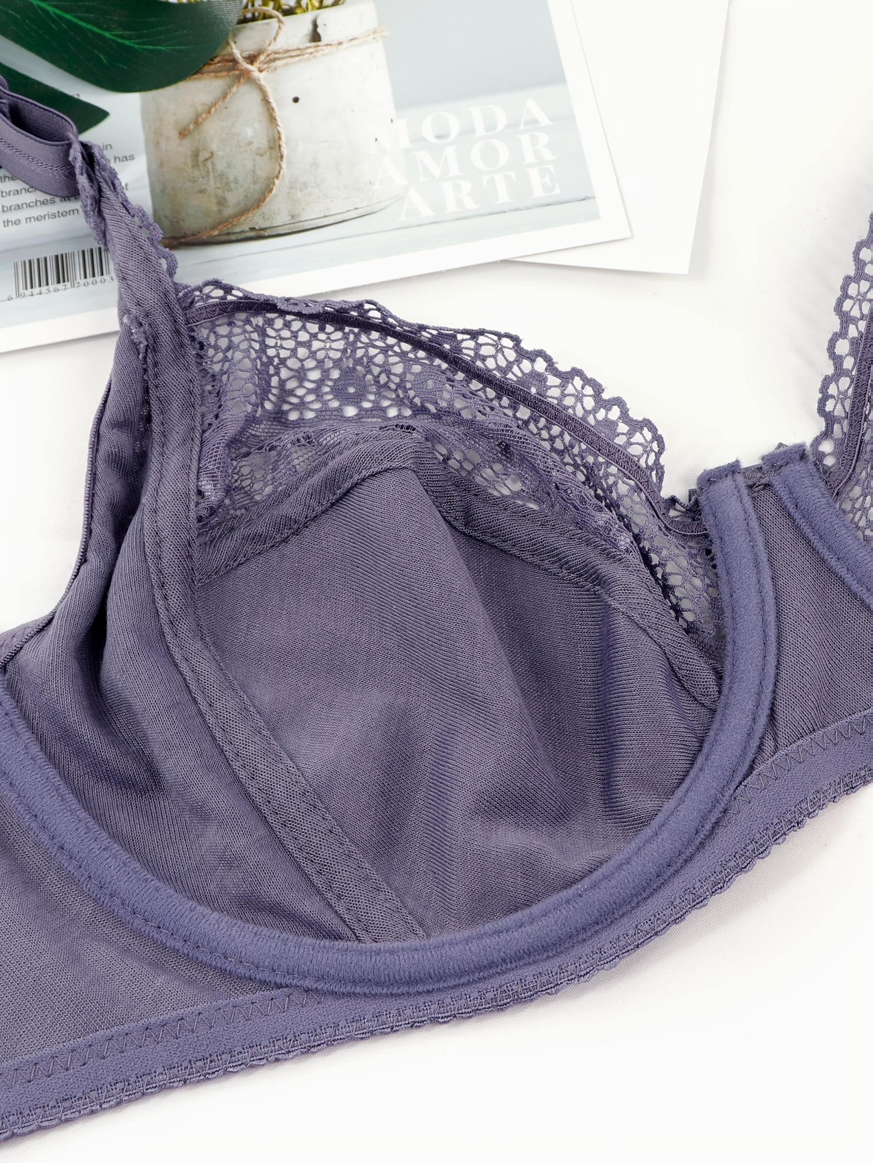 Women'S Plus Size Sexy Floral Lace Bra, Breathable Ultra-Thin Single Layer Full Coverage Underwire Bralette, French Romantic Daily Lingerie, Polyamide 85% Elastane 15%, Medium Stretch Knit Fabric, Solid Color with Contrast Lace Detail, No Padding - 170 gsm