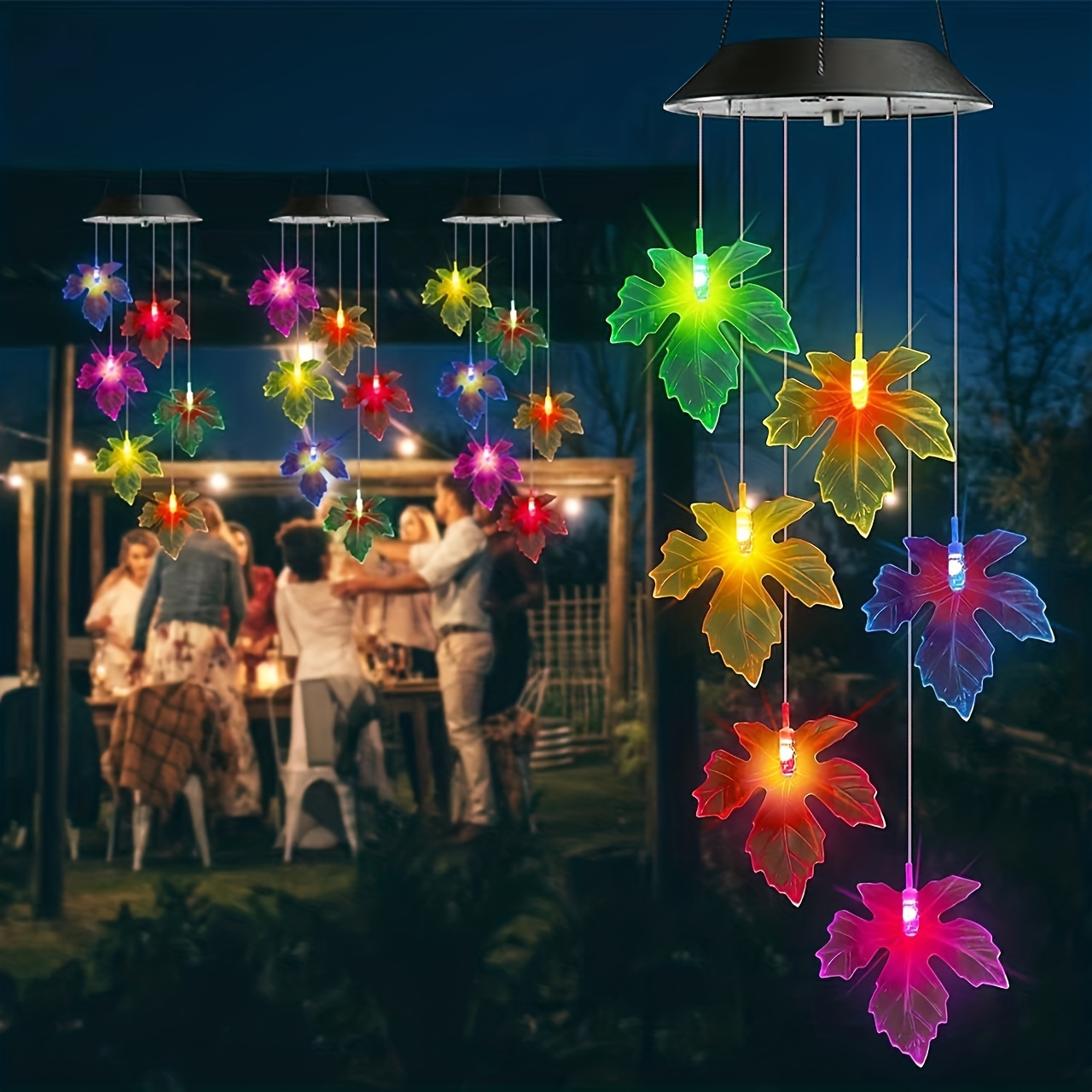 solar powered led maple leaf wind chime pendant lights energy   semi flush mount hanging lamp with 600mah nickel battery plastic shade detachable fixtures switch control no remote festive atmosphere lighting for   landscape details 5