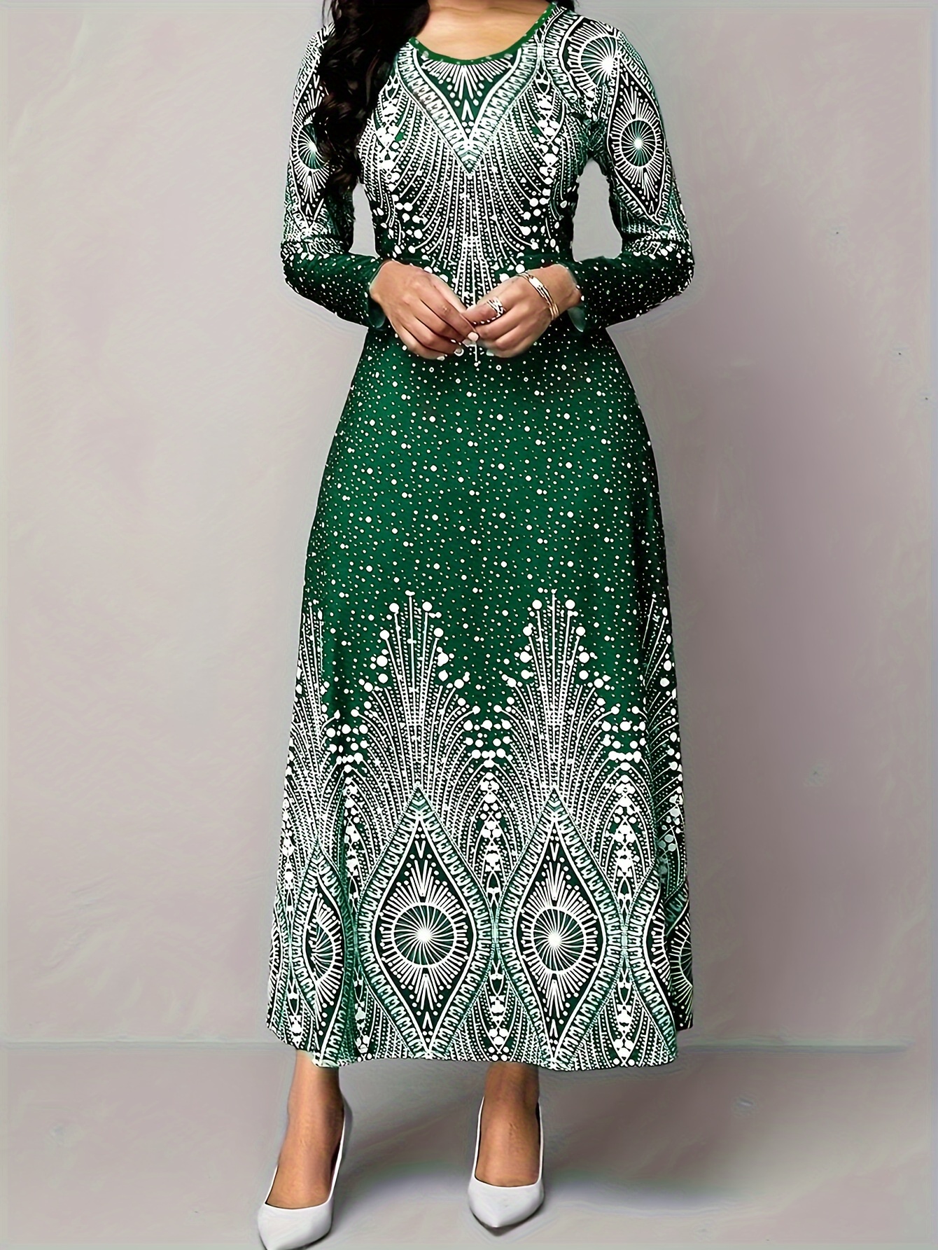 plus size plus size print dress elegant crew neck long - Temu