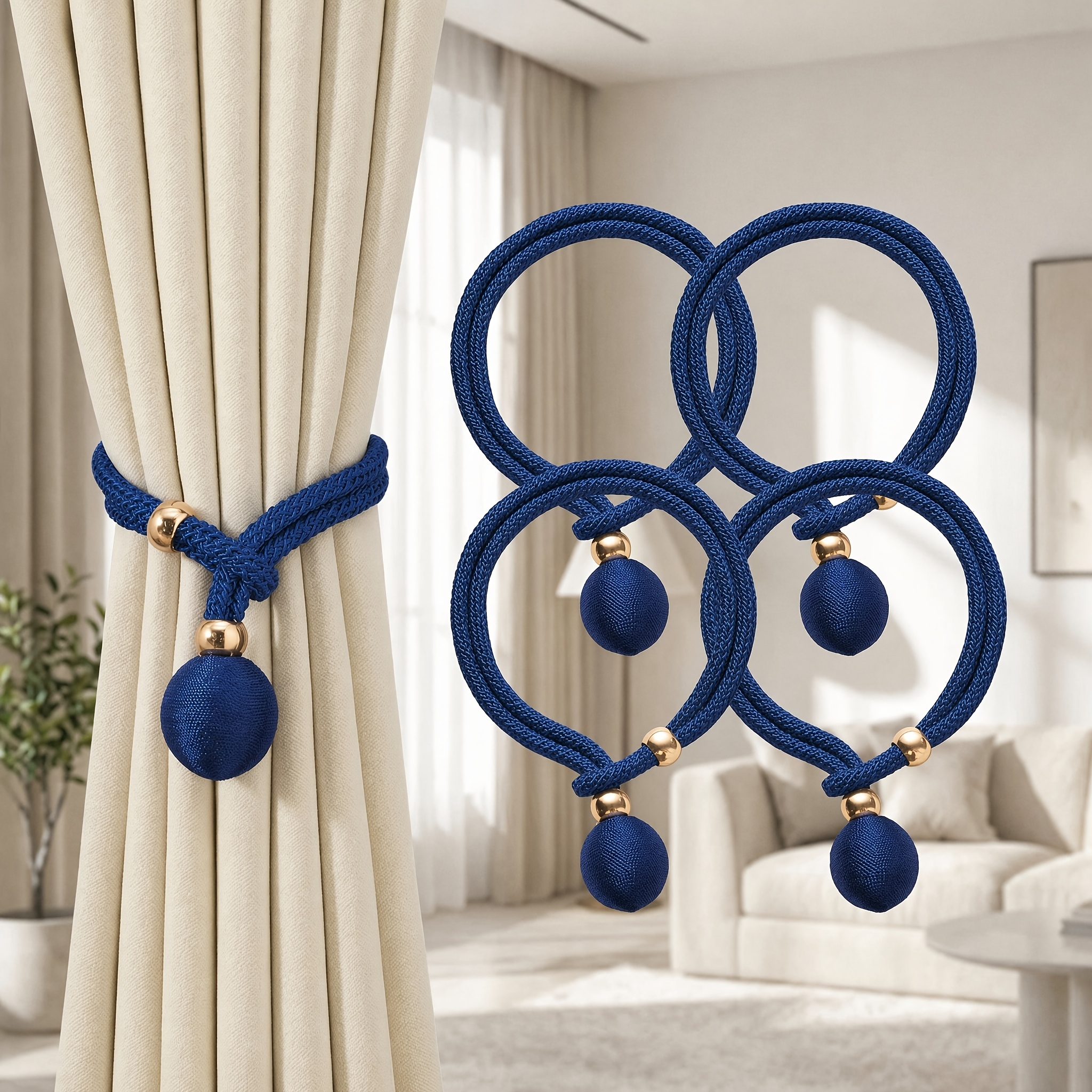 TEMU 4-pack Adjustable Curtain Tiebacks, Convenient Drapery Holdbacks With Decorative Tie Straps, No-drill Curtain Accessories, Suitable For Bedroom,