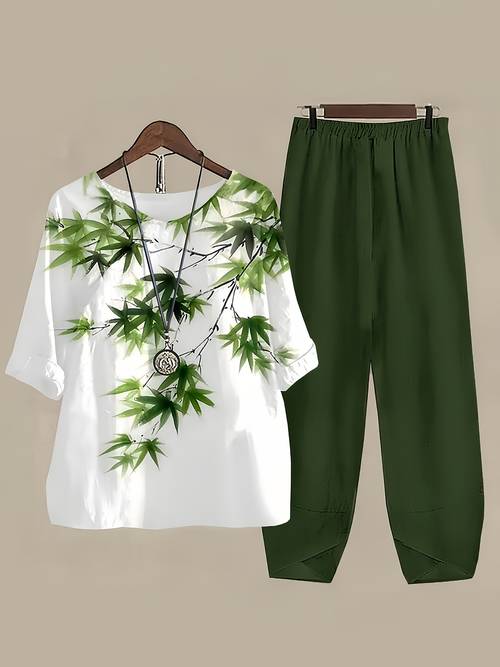Artikelbild europäische und amerikanische damenmode, neues trendiges set mit bedruckten hosentaschen, stretch-bund, langen hosen und rundhals-top