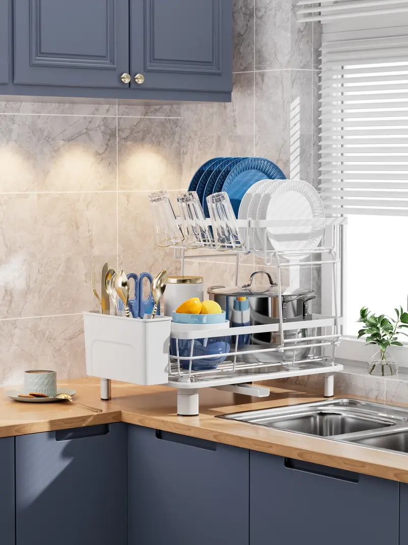 2 tier dish drying rack with metal and plastic kitchen dish drainer with utensil holder anti rust compact countertop dish rack organizer 1pc dish racks for home kitchen storage Product details 1