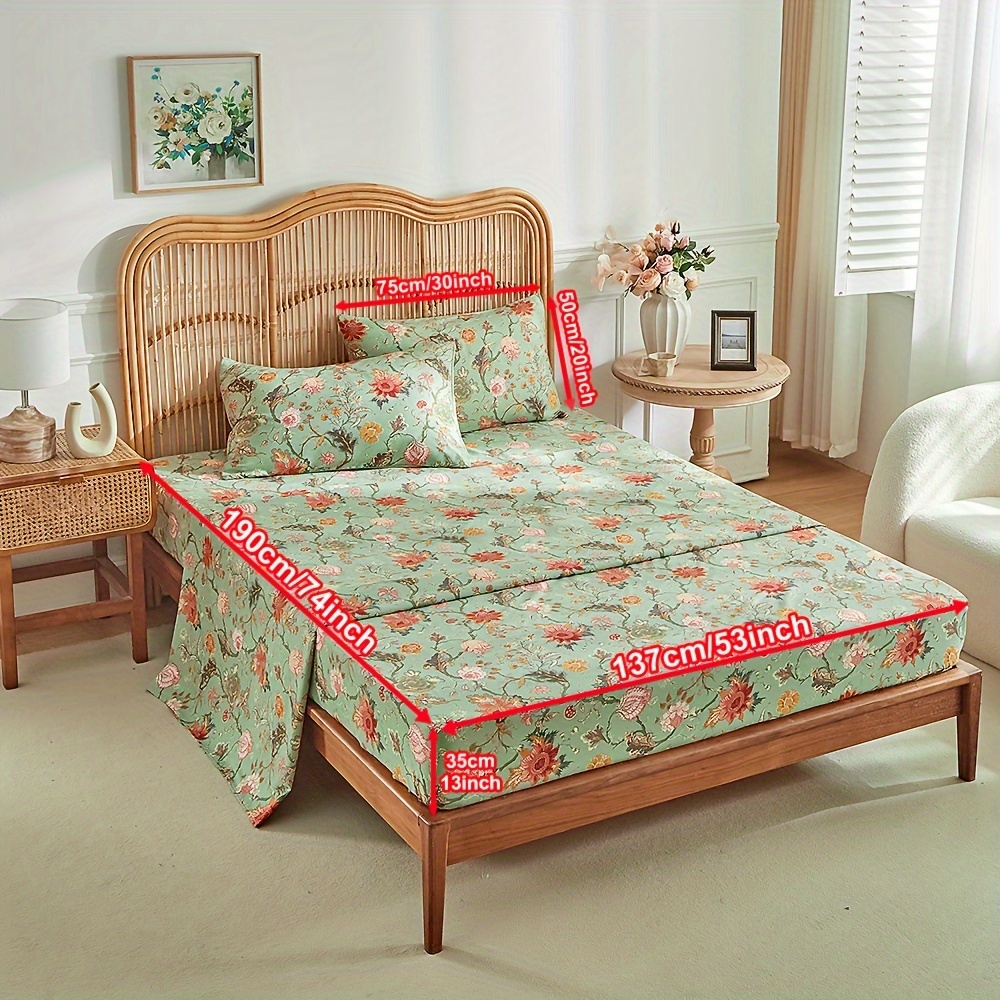 TEMU Juego de Ropa de Cama de 4 Piezas: Sábana Ajustable, Sábana y 2 Fundas de Almohada. Diseño de Hojas y Flores, Conjunto y , Material de Poliéster
