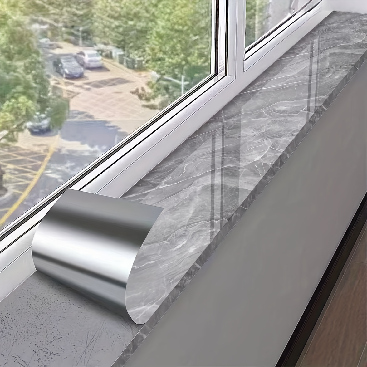 Image of 1roll,white And Gray Window Sill Stickers - Self-adhesive Minimalist Marble Pattern - Suitable For Window Sill Renovation In Kitchens, Bathrooms And Living Rooms