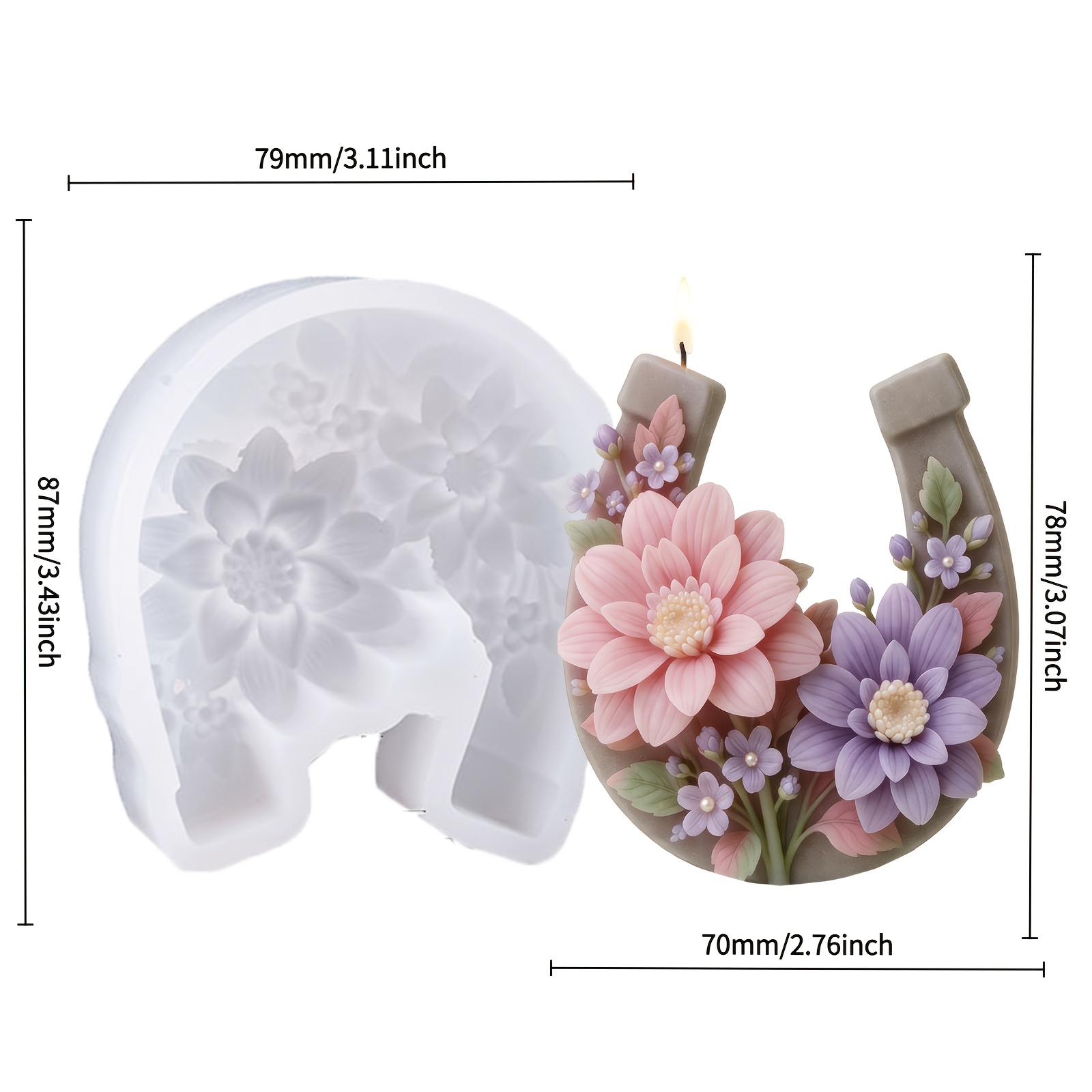 E-shop Harz Silikonform . Kleine florale Hufeisen Kerzen Silikonform, einzigartiges Hufeisen kombiniert mit Chrysanthemen Design, flexibles Silikon,