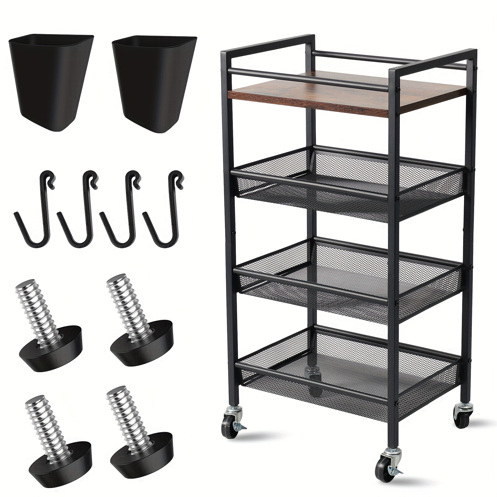 

4 Tier Storage Cart, Narrow Shelving Unit For Small Space Slide Out Narrow Rolling Cart With Wooden Top Metal Handle And Wire Mesh For Narrow Space On Kitchen Bathroom Laundry Room