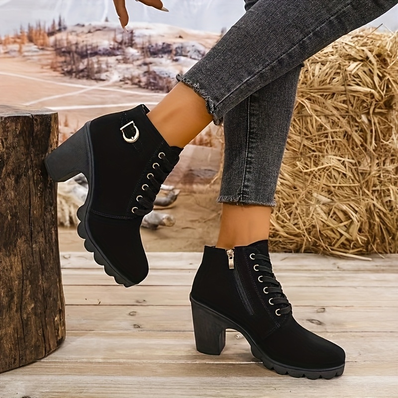 Boots Black Suede Heels Round Toe Round Toe Small Block Heel Boots