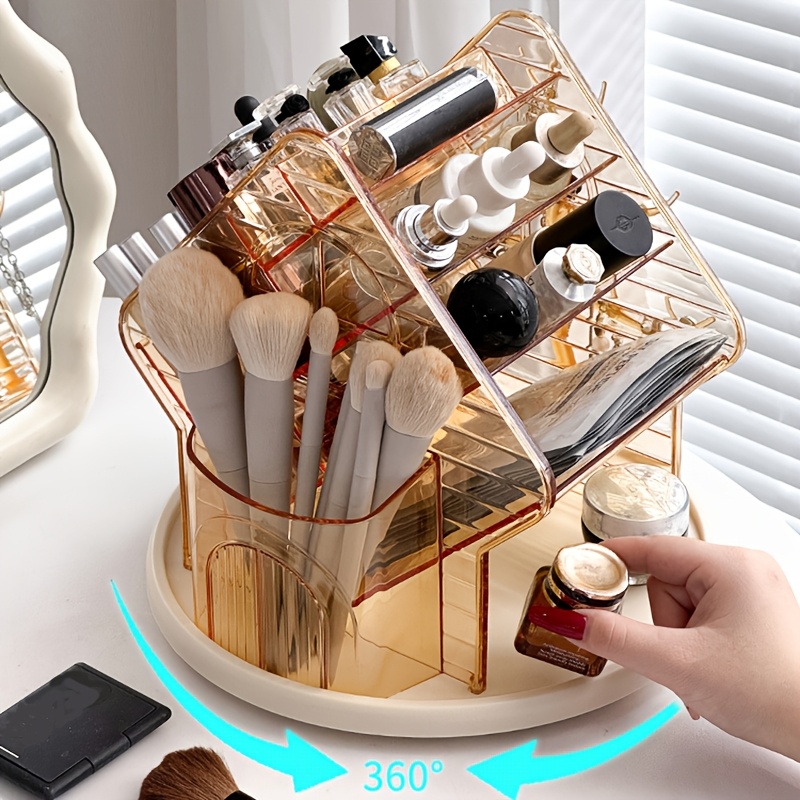   360 degree rotating makeup organizer with brush holder freestanding vanity cabinet heavy duty clear plastic construction space saving bathroom storage for makeup jewelry beauty products no assembly needed modern vanity organizer makeup vanity desk jewelry display   durable plastic Product details 2