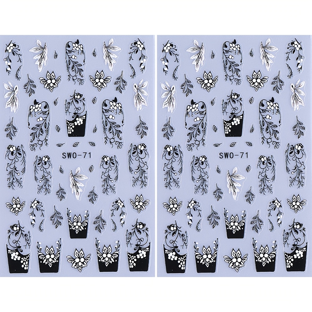 Image of 2pcs Sweet Trend Black French Flowers 3d Nail Stickers, Self-adhesive Plastic Nail Decals, Glossy Finish, Embroidered Plant Theme, Single Use, Rectangle Shape, Accessories