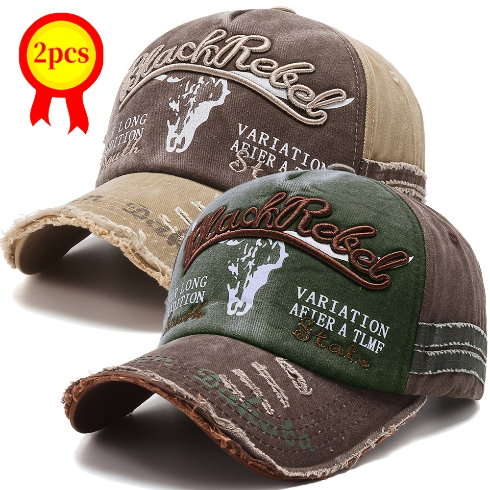 E-shop 2er-Set Herren Frühling Sommer Vintage Gestickte Buchstaben Washed Baseball Cap, Vintage Sonnenhut, Unisex Duckbill Cap, Outdoor Casual