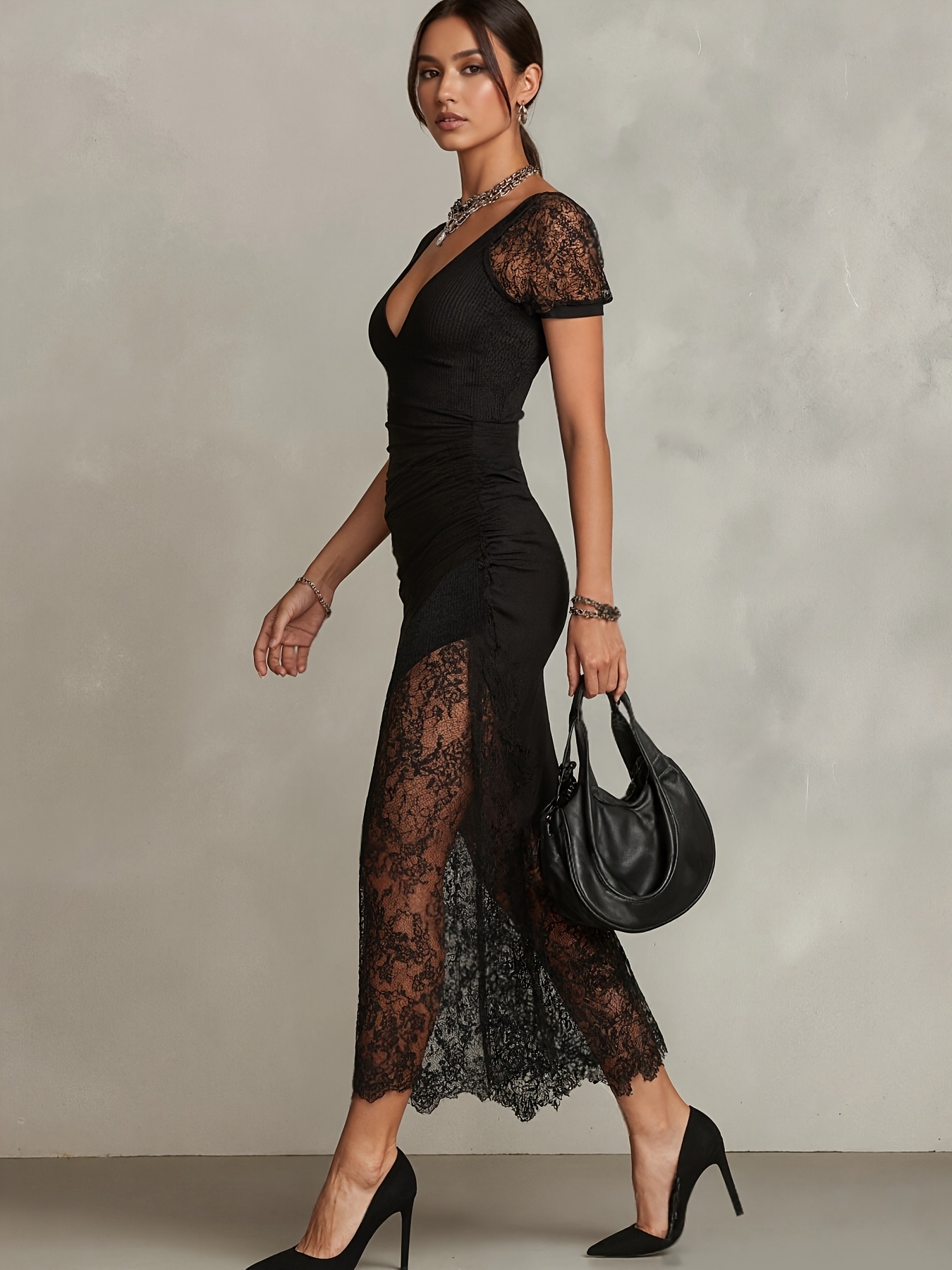 tight black short sleeve dress Drape Asymmetric Dress Black L/XL